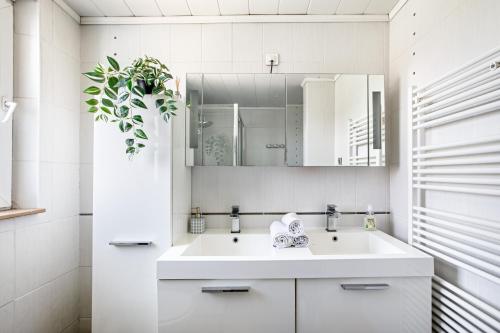 a white bathroom with a sink and a mirror at -New- Colmar, Parking, Comfort, Spacious in Ingersheim