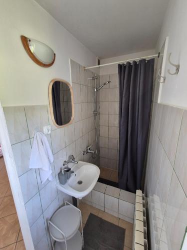 a bathroom with a sink and a shower at Zakątek Pod Lasem in Wydminy