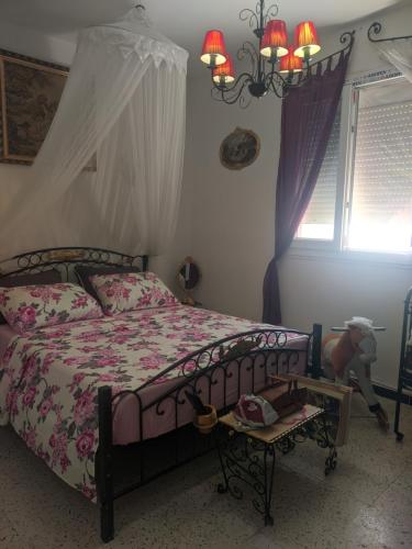 a bedroom with a bed and a chandelier at Mostaganem kharrouba apartment f3 in Mostaganem