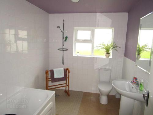 a white bathroom with a toilet and a sink at Culoort Cottage - Malin Head in Malin Head