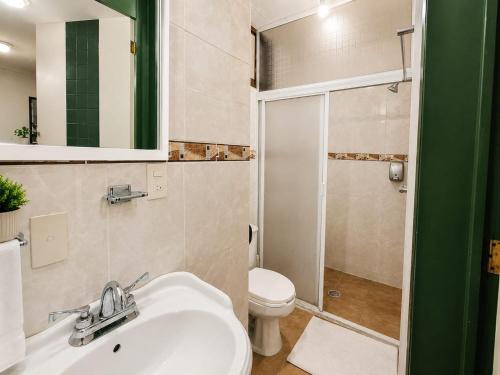 a bathroom with a sink and a toilet and a shower at Hotel Galería Mediterráneo in Santa Ana Huiloac