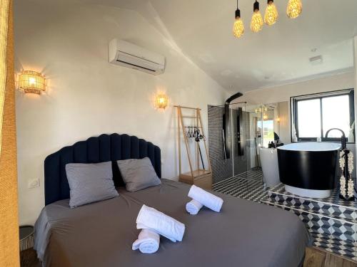 a bedroom with a large bed with towels on it at Studio cosy avec balnéo et climatisation in Albi
