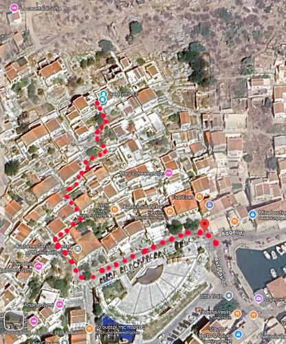 a map of a city with red dots at kalosymi house, traditionelles haus mit hafenblick in Symi