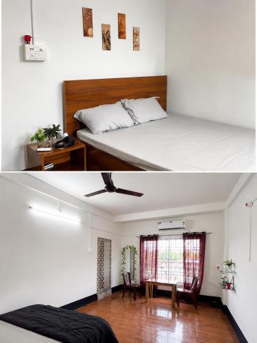 a bedroom with a bed and a room with a table at The Quiet Lantern Homestay in Sibsāgar