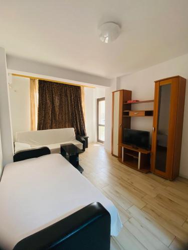 a hotel room with two beds and a television at Apartament Daniela in Năvodari