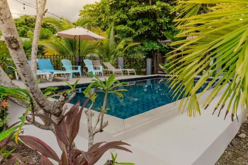 a swimming pool with chairs and an umbrella at Rooms & Pool Macaws in Uvita