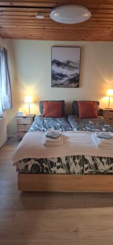 a bedroom with a large bed with two lamps at Chalet Clair de Lune bei Grächen VS in Gasenried