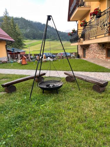 two swings in the grass next to a building at Agroturystyka Pod Zamczyskiem in Sromowce Wyżne