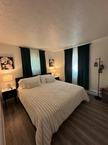 a bedroom with a large bed and two windows at The Emerald Cabin in Tobyhanna