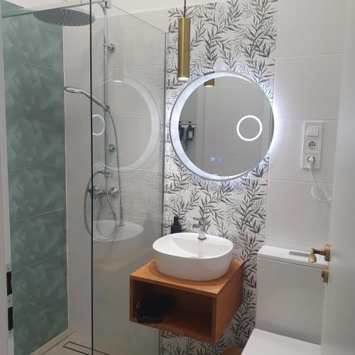 a bathroom with a sink and a mirror at Bzs5 in Pécs
