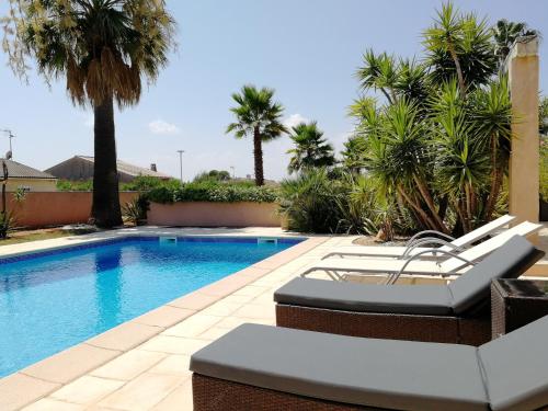 a swimming pool with two lounge chairs and palm trees at Gîte les palmiers in Roquebrune-sur-Argens