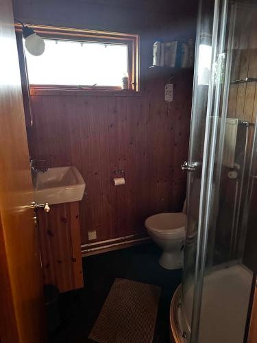 a bathroom with a toilet and a sink and a shower at A cosy 2 bedroom cabin with an amazing view in Borgarnes