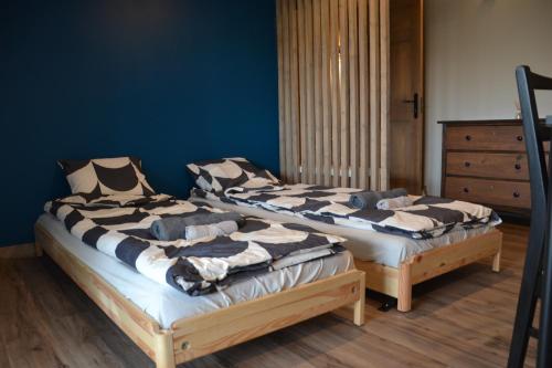 two twin beds in a bedroom with a blue wall at Hotel Mergera in Mērsrags