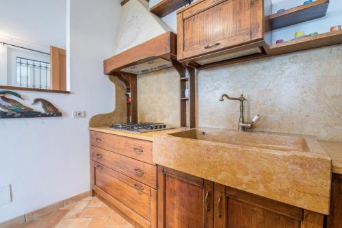 a kitchen with wooden cabinets and a sink at Al Agave sotto in Toscolano Maderno