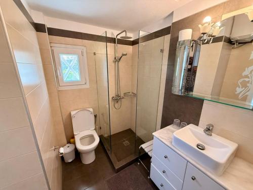 a bathroom with a toilet and a shower and a sink at Aegean Big Blue -Rosalie Home in Tinos