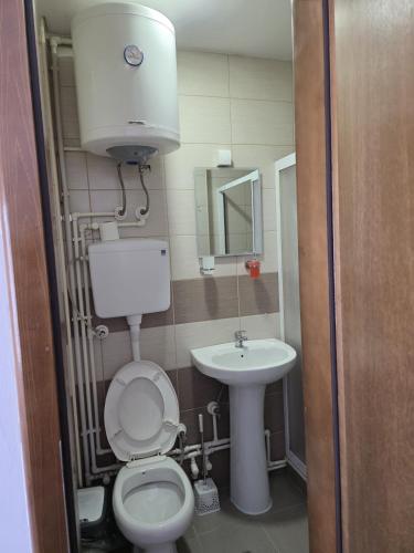 a small bathroom with a toilet and a sink at NP Luxury Apartments in Novi Pazar