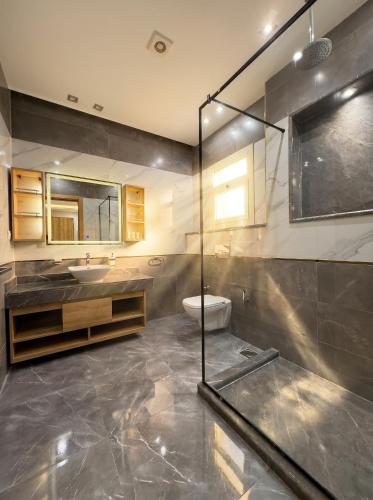 a bathroom with a shower and a toilet and a sink at Elite hotel in Sheikh Zayed
