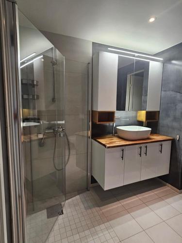 a bathroom with a sink and a shower at Hillegård 6E in Lærdalsøyri
