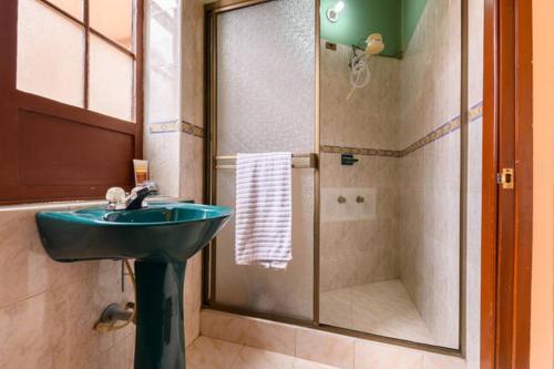 a bathroom with a green sink and a shower at Casa del Sol in Bogotá