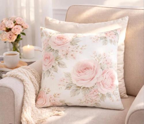 a pillow on a chair with pink roses at Romantic Chic Loä in Loano