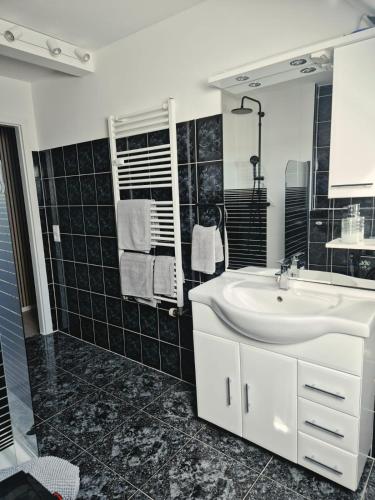 a bathroom with a white sink and a mirror at Ferienidyll an der Recknitz in Tessin