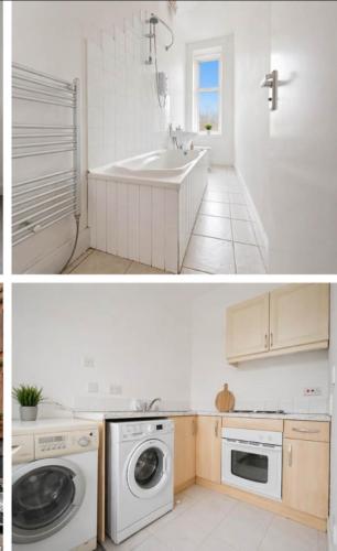 a white bathroom with a sink and a washing machine at Comfortable 2-Bed Flat with Free Parking in Paisley
