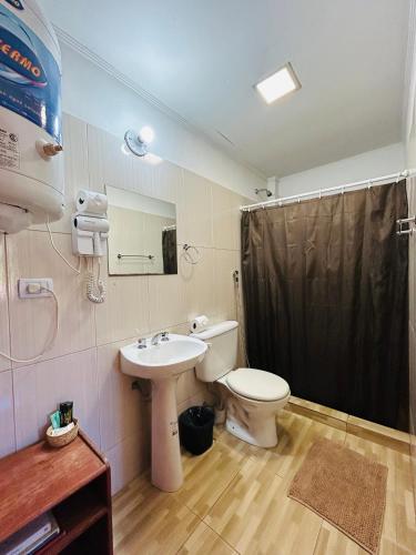 a bathroom with a sink and a toilet and a shower at Departamento Centrico Iguazu 2A in Puerto Iguazú