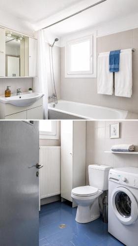 a bathroom with a toilet sink and a washing machine at Araucaria Beachfront Residence in Finikas