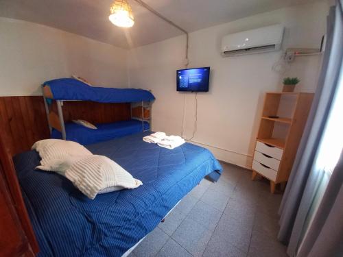 a bedroom with a blue bed and a tv at El Canto de la Ballena Loft 1 in Puerto Pirámides