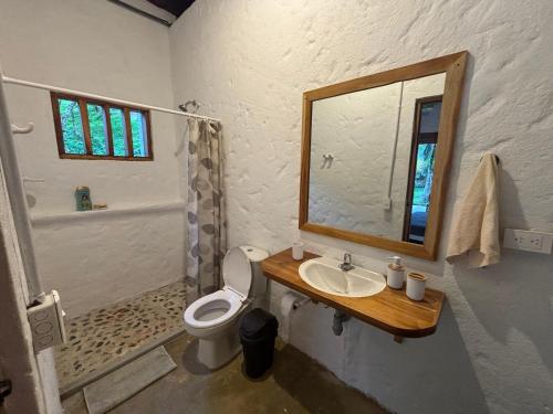 a bathroom with a toilet and a sink and a mirror at Mareselva Lodge in Acanti