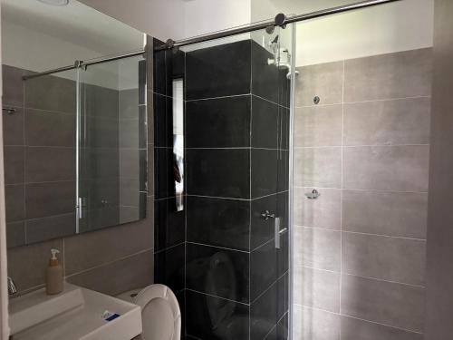 a bathroom with a glass shower and a toilet at Hermosos Apartaestudios! in Florencia