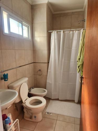 a bathroom with a toilet and a sink and a shower at Hotel America in Victoria