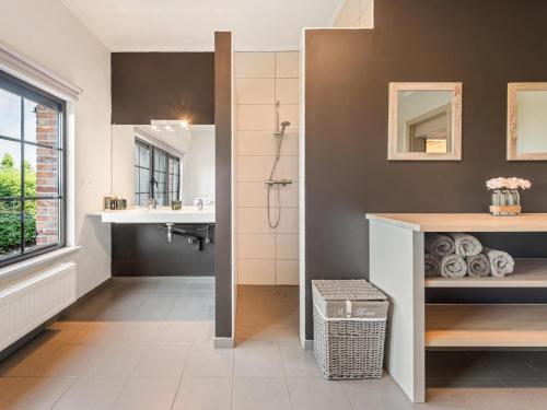 a bathroom with a shower and a sink and a mirror at Rozenberghoeve in Ploegsteert