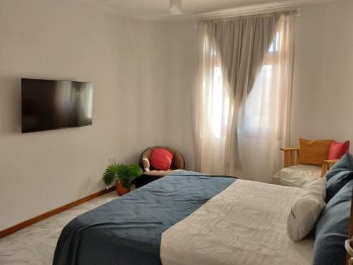 a bedroom with a bed and a tv and a window at Annie in La Falda