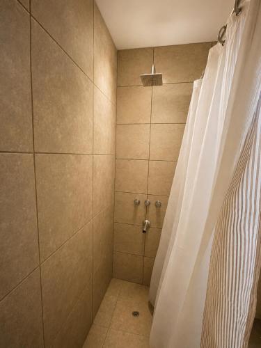 a bathroom with a shower with a shower curtain at Alto Belgrano II in Mendoza