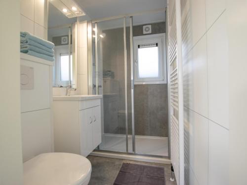 a bathroom with a shower and a toilet and a sink at De Zwaluw in Heiloo