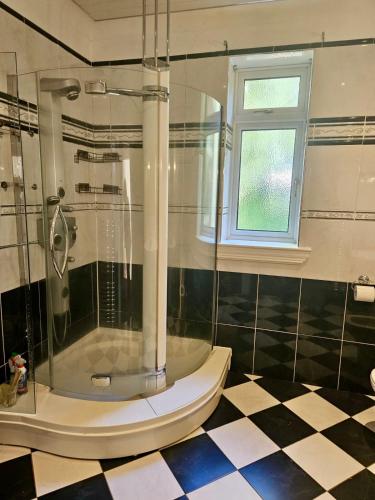 a bathroom with a shower with a toilet and a window at The Cairn in Airdrie