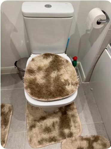 a bathroom with a white toilet with a furry seat at Elegant King Room with Wifi & Parking in Milton Keynes