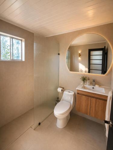 a bathroom with a toilet and a sink and a mirror at Yucca Lodge en Colbún in Colbún