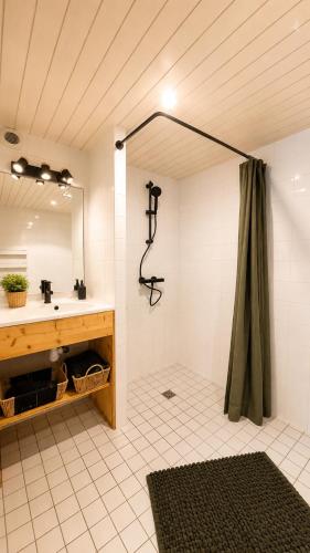 a bathroom with a shower and a sink and a mirror at Gite de charme avec jaccuzzi privé in Coëx