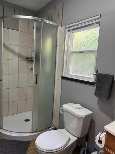 a bathroom with a shower and a toilet and a window at Lantzbnb front view in Lantzville