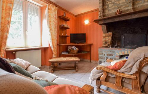 a living room with orange walls and a fireplace at Maison Mitoyenne Avec Spa in La Chapelle-Urée