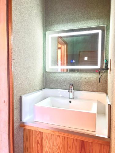 a bathroom sink with a large mirror above it at Harbor Terrace Izu OceanView in Ito