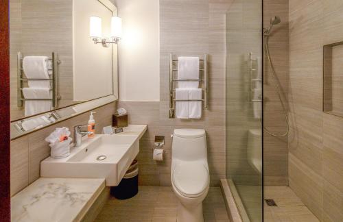 a bathroom with a toilet and a sink and a shower at Park South Hotel, part of JdV by Hyatt in New York