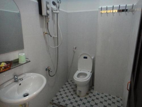 a bathroom with a shower and a toilet and a sink at Khemra Guesthouse in Kampot in Kampot