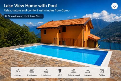 a swimming pool in front of a house at Rododendro House - Lake View and Pool Relax in Morbio