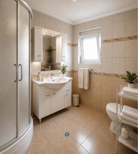 a bathroom with a sink and a toilet and a mirror at Apartments Tonći and Iris in Primošten