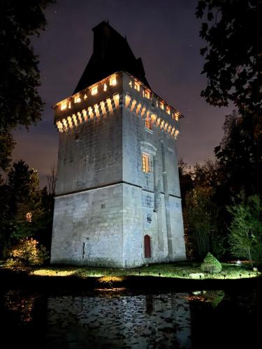 a large tower with lights on top of a pond at Donjon de Saintines - gîte 6 adultes 3 enfants - monument historique in Saintines