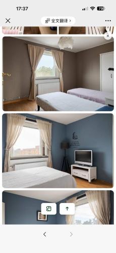 two pictures of a bedroom with two beds and a television at Paradise in Lidingö