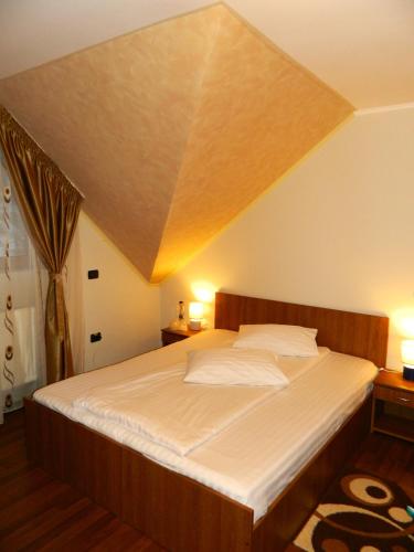 a bedroom with a large bed with a roof at Alpenhaus in Voineasa